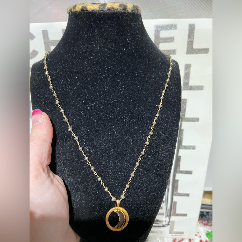 Bronze Tone Necklace With Iridescent Faceted Beads and Moon and Sun Pendant